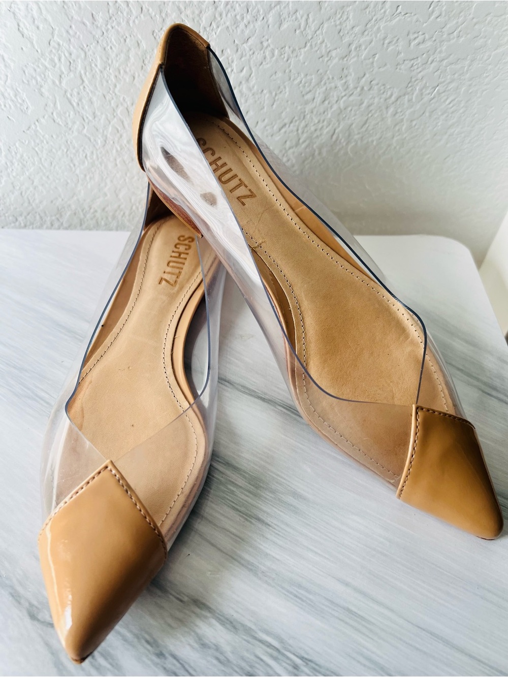 SCHUTZ Nude Tan Pointed-Toe Clear Ballet Flats 6 Leather Luxury Y2K Romantic